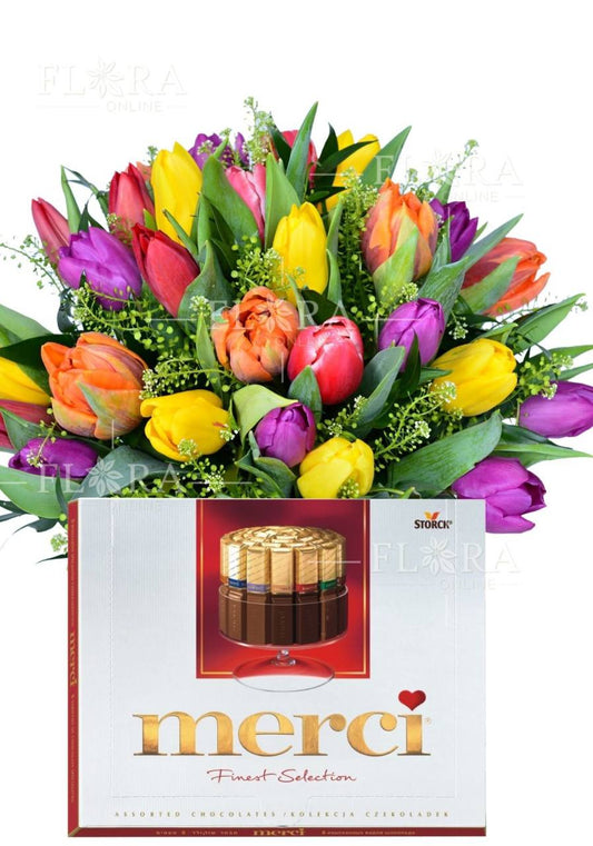 Spring set of Tulips and a box of Mercy chocolates