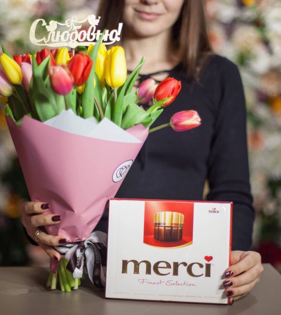 Spring set of Tulips and a box of Mercy chocolates