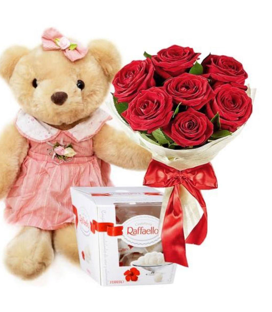 Red roses, Teddy Bear and Raffaello