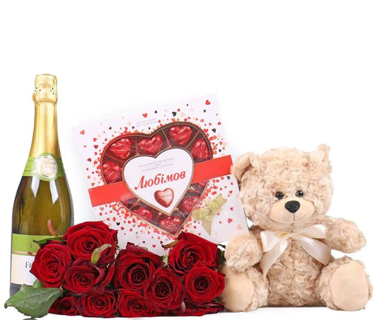 Gift set of Red roses, Chocolates, Bear and Champagne